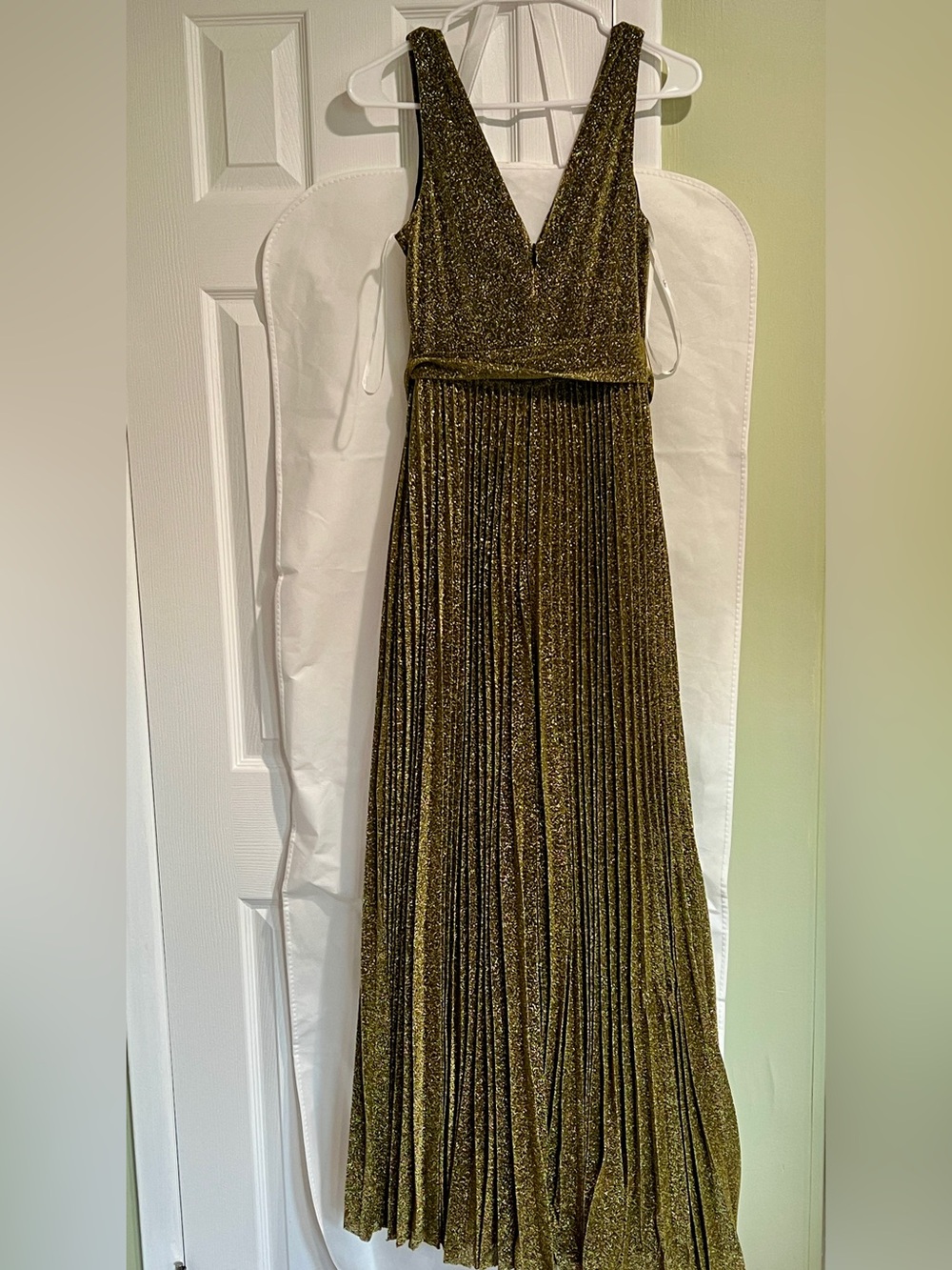 Lulus Pleated Gold Shimmer Maxi Dress with Self Tie Size M - Picture 4 of 5